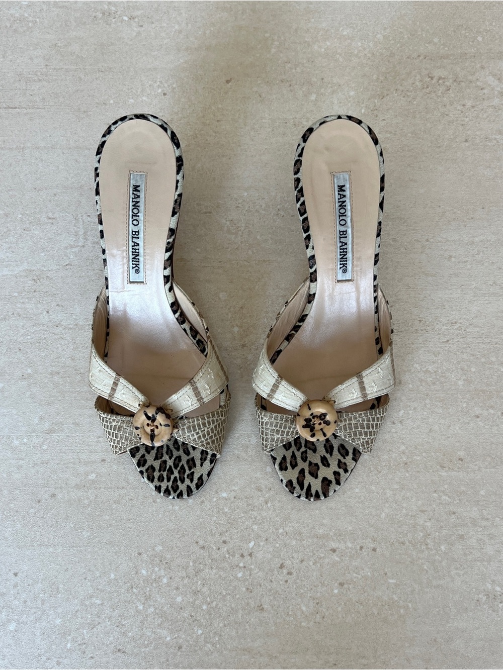 Vintage Manolo Blahnik Beige and Leopard-Print Slip-On Mules